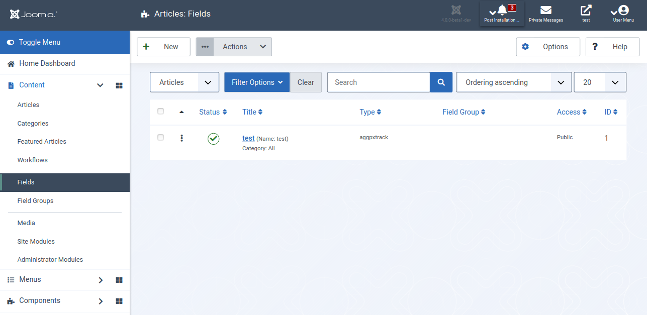 Articles Fields test Administration