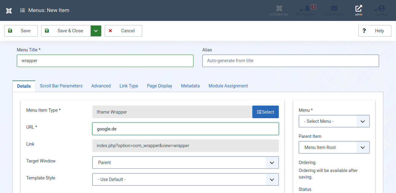 Menus New Item admin Administration